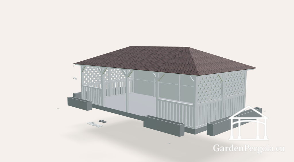 Havepavillon 4x8m med brunt skiferet firesidet tag