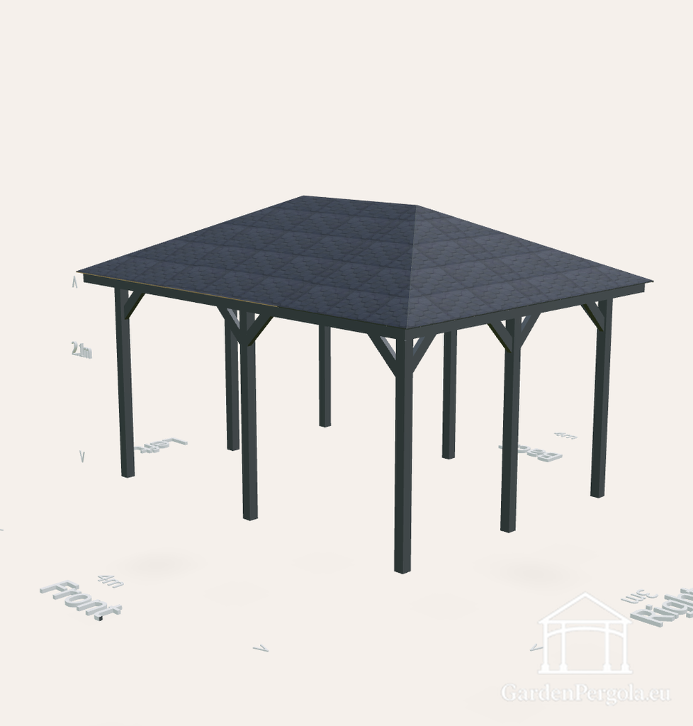 Pavillon 3x4m uden gulv, og med sort skifer fire skråtag