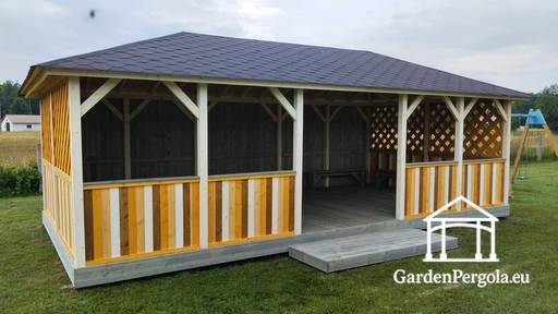 4x8 m Træ Børnehave Pavillon — Rummelig Udendørs Pavillon med Gulv og Overdækket Tag - garden gazebo pergola
