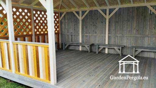 4x8 m Træ Børnehave Pavillon — Rummelig Udendørs Pavillon med Gulv og Overdækket Tag