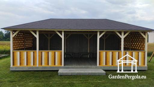 4x8 m Træ Børnehave Pavillon — Rummelig Udendørs Pavillon med Gulv og Overdækket Tag
