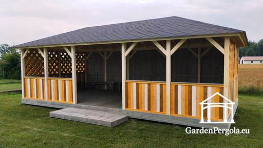 4x8 m Træ Børnehave Pavillon — Rummelig Udendørs Pavillon med Gulv og Overdækket Tag