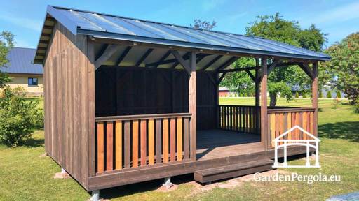 4x6 m Brun Træhavepavillon — Rummelig Havepavillon med Gulv og Metal Dobbelttaget Tag - garden gazebo pergola