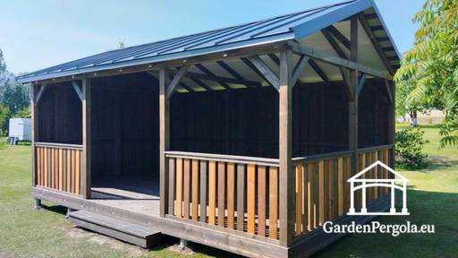 4x6 m Brun Træhavepavillon — Rummelig Havepavillon med Gulv og Metal Dobbelttaget Tag