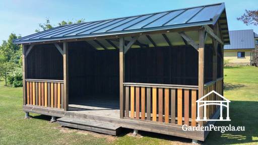 4x6 m Brun Træhavepavillon — Rummelig Havepavillon med Gulv og Metal Dobbelttaget Tag