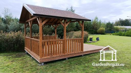 3x4 m Træpavillon med 3x4 m Terrasse — Hyggelig Havepavillon med Gulv og Åben Terrasse