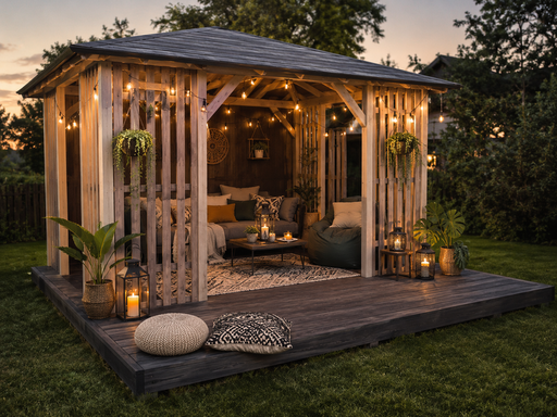 3x4 m Træpavillon med 4x4 m Terrasse — Hyggelig Havepavillon med Gulv og Åben Terrasse
