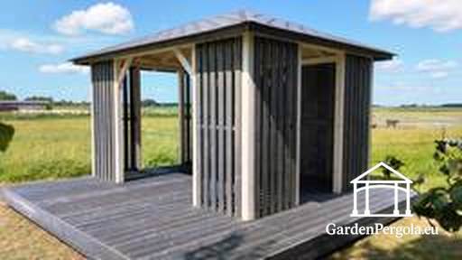 3x4 m Træpavillon med 4x4 m Terrasse — Hyggelig Havepavillon med Gulv og Åben Terrasse