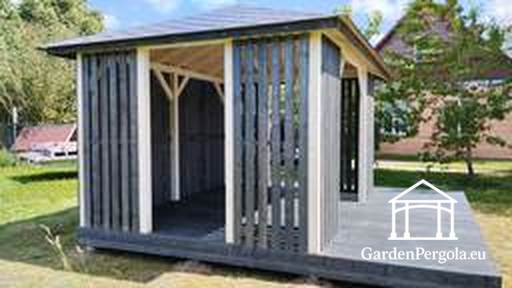 3x4 m Træpavillon med 4x4 m Terrasse — Hyggelig Havepavillon med Gulv og Åben Terrasse