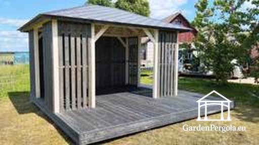 3x4 m Træpavillon med 4x4 m Terrasse — Hyggelig Havepavillon med Gulv og Åben Terrasse - garden gazebo pergola