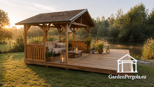 3x4 m Træpavillon med 3x4 m Terrasse — Hyggelig Havepavillon med Gulv og Åben Terrasse