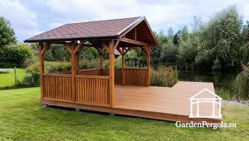 3x4 m Træpavillon med 3x4 m Terrasse — Hyggelig Havepavillon med Gulv og Åben Terrasse - garden gazebo pergola