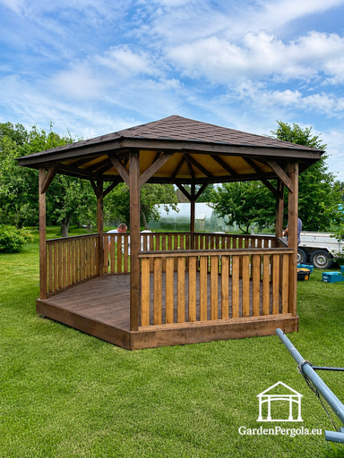Seks-sidet Træpavillon — Hyggelig Havepavillon med Gulv og Overdækket Tag - garden gazebo pergola