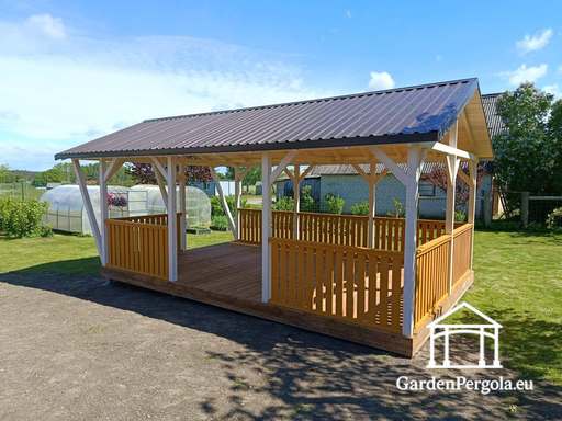 4x7 m Skræddersyet Træpavillon — Rummelig Havepavillon med Gulv og Dobbeltsidet Tag - garden gazebo pergola