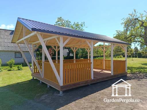 4x7 m Skræddersyet Træpavillon — Rummelig Havepavillon med Gulv og Dobbeltsidet Tag