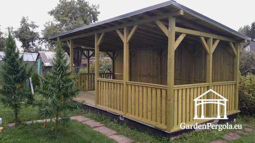 4x7 m Naturligt Træhavepavillon — Rummelig Havepavillon med Gulv, Rækværk og Enkelt-skråtag - garden gazebo pergola