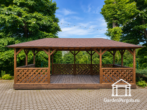 4x7 m Brun Træpavillon — Rummelig Havepavillon med Gulv, Tremmerækværk og Shingletag - garden gazebo pergola