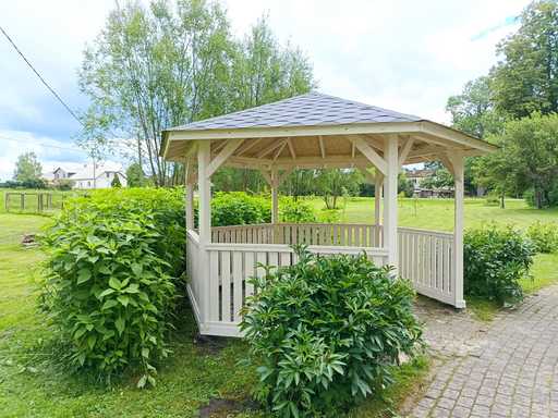 Seks-sidet træpavillon — hyggelig havepavillon med gulv og overdækket tag - garden gazebo pergola