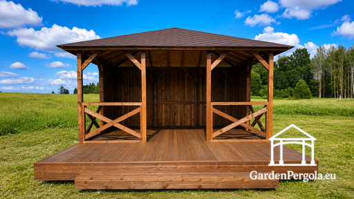 4x4,5 m Trægazebo med 2x4,5 m Åben Terrasse - garden gazebo pergola