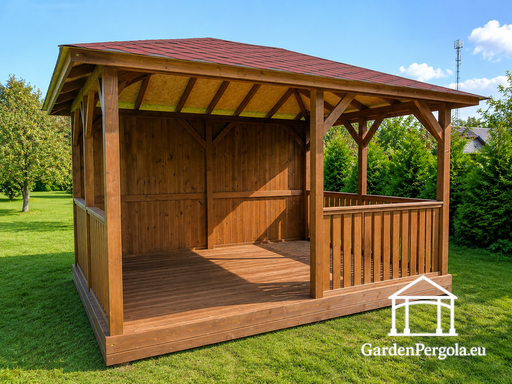 3x4 m Wooden Gazebo — Cozy Garden Gazebo with Floor and Closed Back Wall