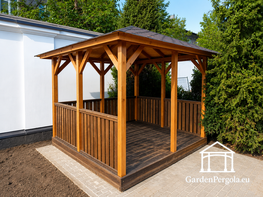 3x4 m Trægazebo — Hyggelig Havepavillon med Gulv og Åben Bagvæg