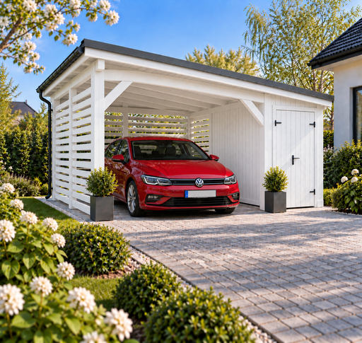 4x4,5 m træcarport med et lille opbevaringsrum