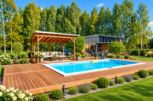 Unik 65 m² naturlig træterrasse ved pool med integreret pergola
