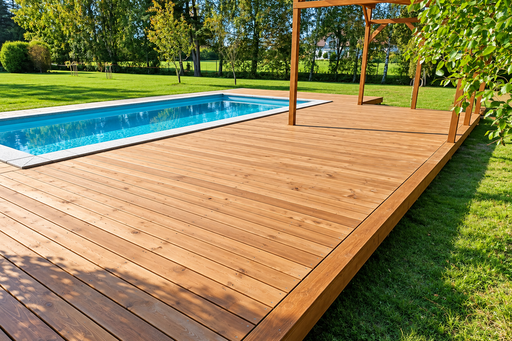 Unik 65 m² naturlig træterrasse ved pool med integreret pergola
