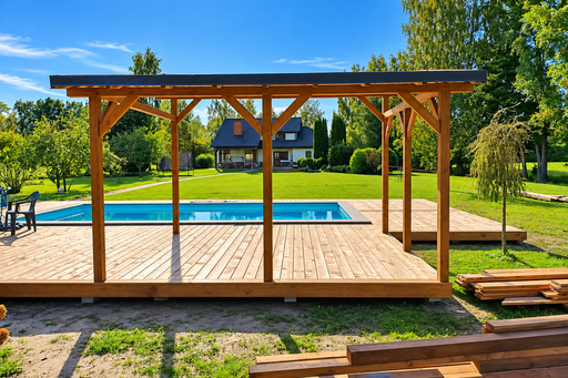 Unik 65 m² naturlig træterrasse ved pool med integreret pergola