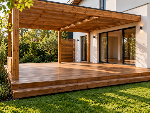 Træterrasse ved huset, størrelse, trin, gelændere og design