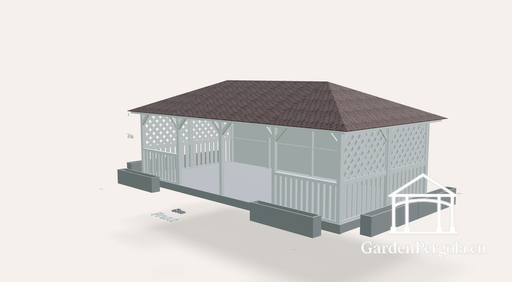 Gazebo 4x8m with brown shingle four slope roof